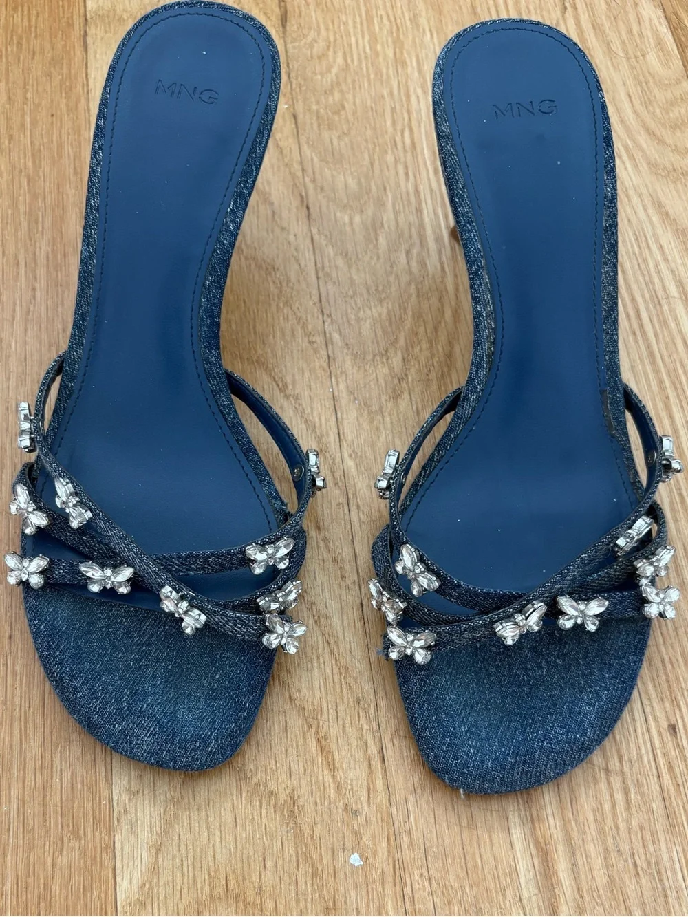 Mango Rhinestone Denim Kitten Heel Sandals Amina Muaddi Style Size 7.5